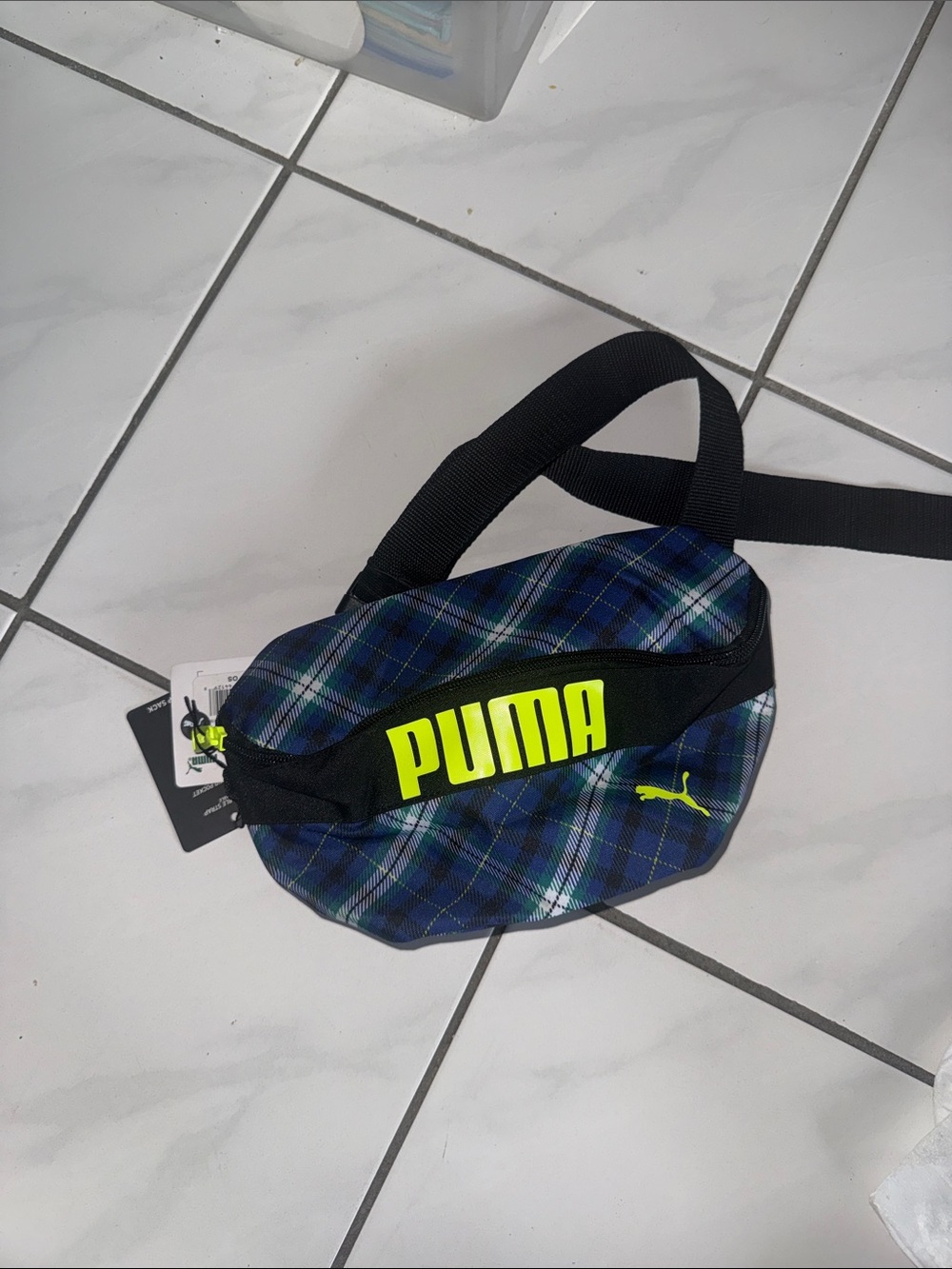 Puma Blue Plaid Belt Bag with Neon Yellow Logo